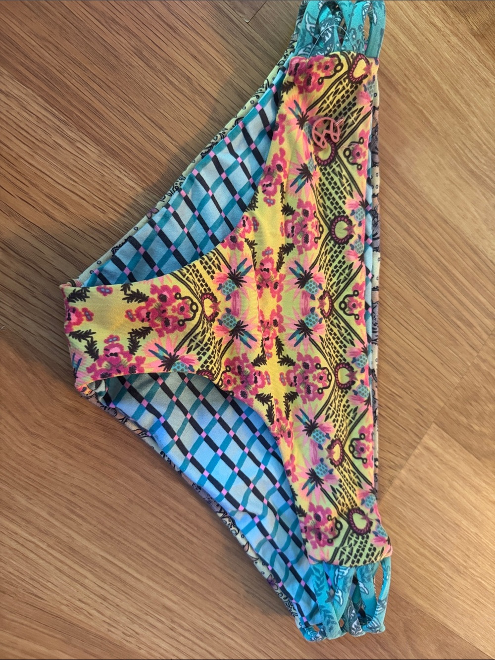 Maaji Reversible Strappy Bikini Bottom Pink Yellow Blue Siberian tiger Floral S